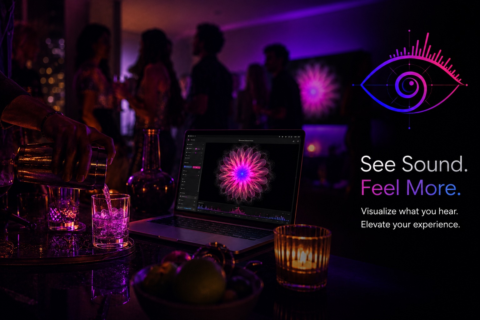A MacBook on a candle-lit bar runs Spiralyst Lab, its screen filled with a glowing magenta-pink fractal, as party guests mingle in silhouette behind. The Spiralyst Lab logo and the words 'See Sound. Feel More. Visualize what you hear. Elevate your experience.' appear at right.