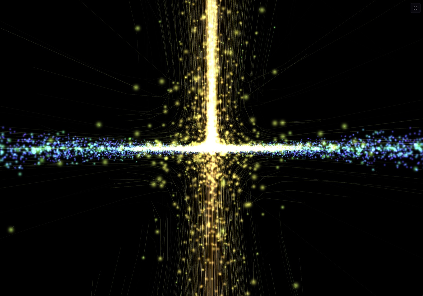A close-up of the vortex: golden jets streaming vertically through a thin blue sheet of particles.