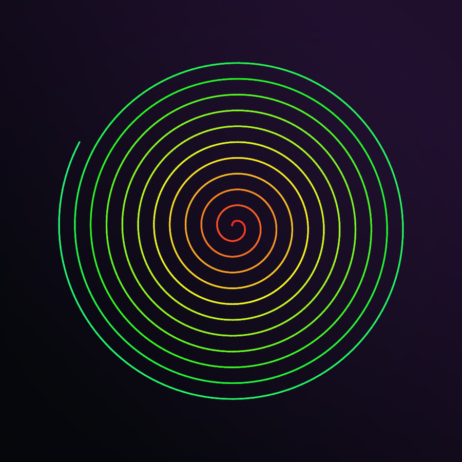 An Archimedean spiral: a single evenly wound line coiling out from an orange center through yellow to green.