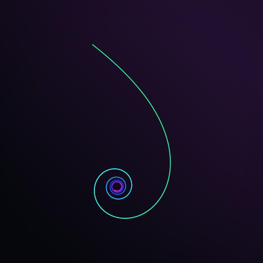 A hyperbolic spiral: a teal line sweeping in from the upper left and tightening into small violet coils around a central point.