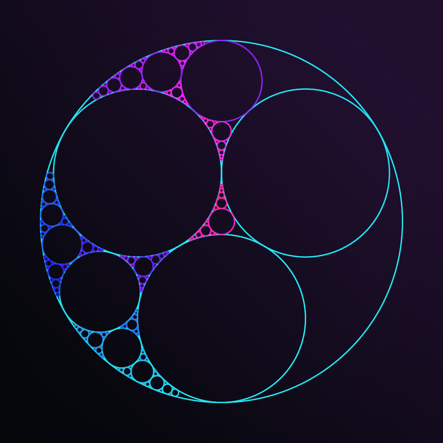 An Apollonian gasket: a large circle packed with tangent circles, ever-tinier circles filling every gap.