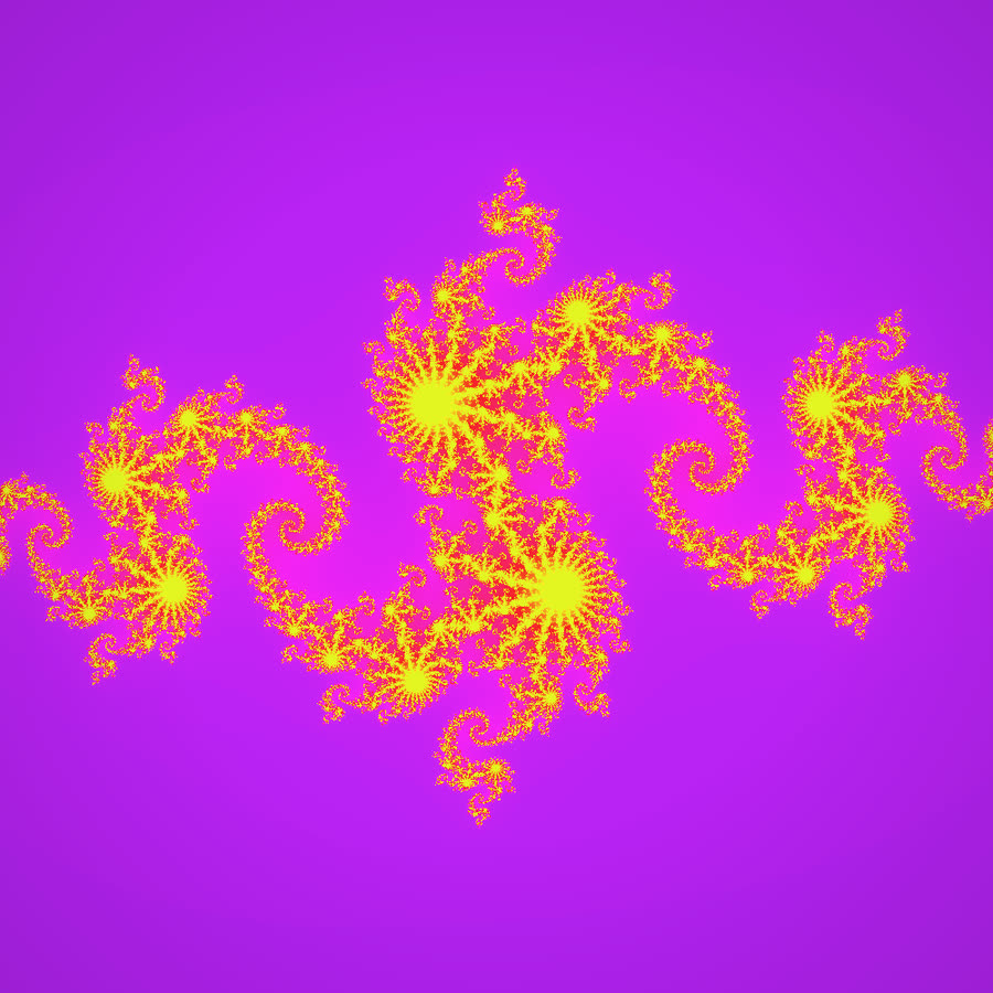 A Julia set: yellow spiralling, branching filaments on a bright violet background.