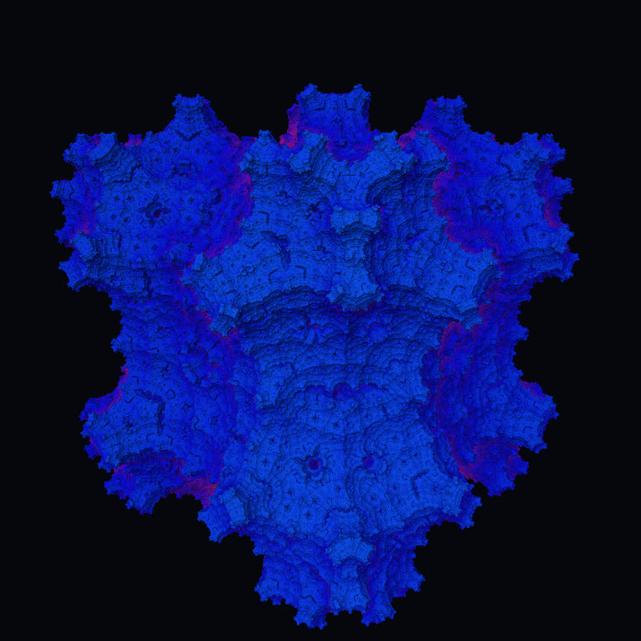 A deep-blue kaleidoscopic fractal with eight-fold symmetry: faceted lobes like a block of mineral caught mid-formation.