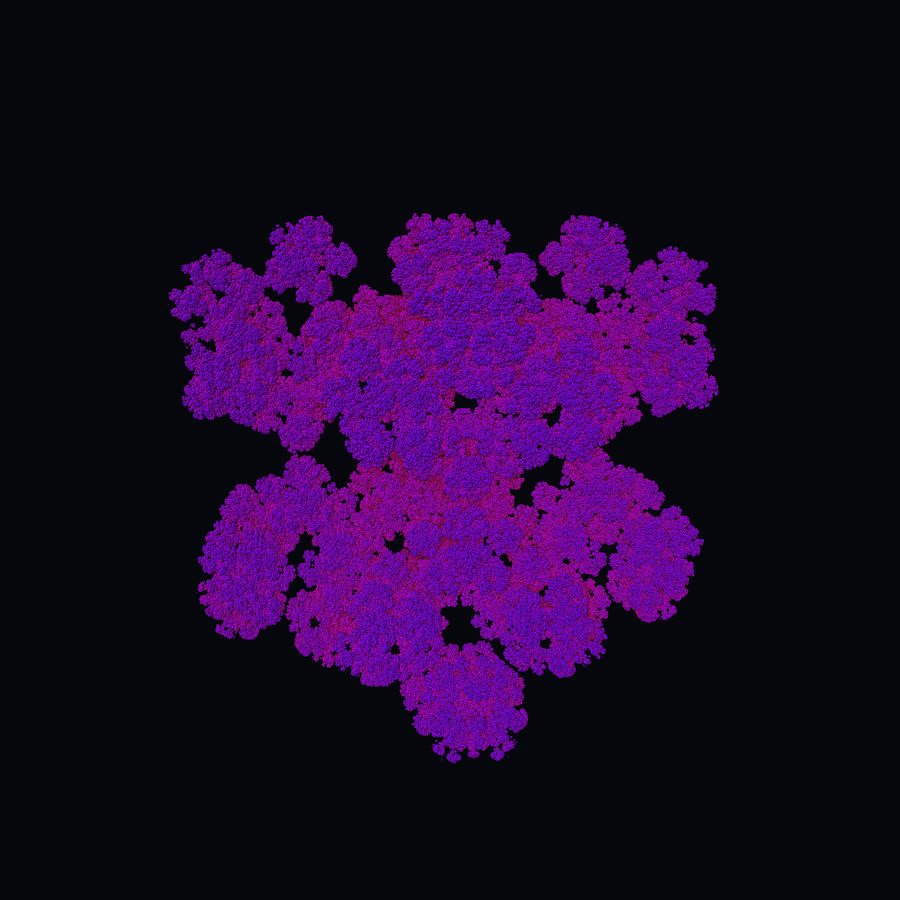 A violet kaleidoscopic fractal: boxy, right-angled clusters of recursive detail, like circuitry.