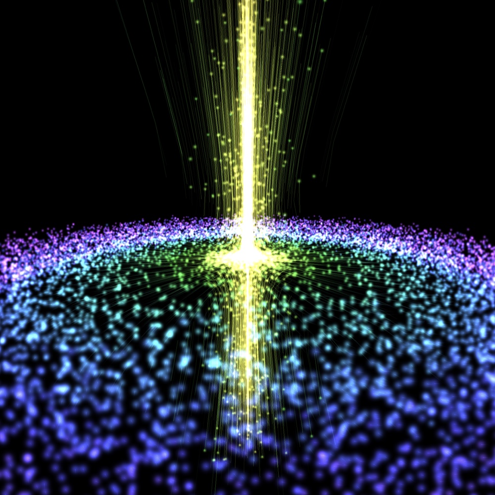 The Navier–Stokes vortex: a bright yellow jet rising from the axis above a wide spinning disc of particles shading from green at the centre through blue to violet at the rim.