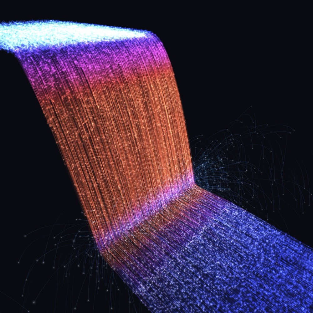 The waterfall coloured by speed: a pale blue river reaching the lip, the falling sheet warming from violet to orange, and a violet pool sweeping away below with faint mist arcs.