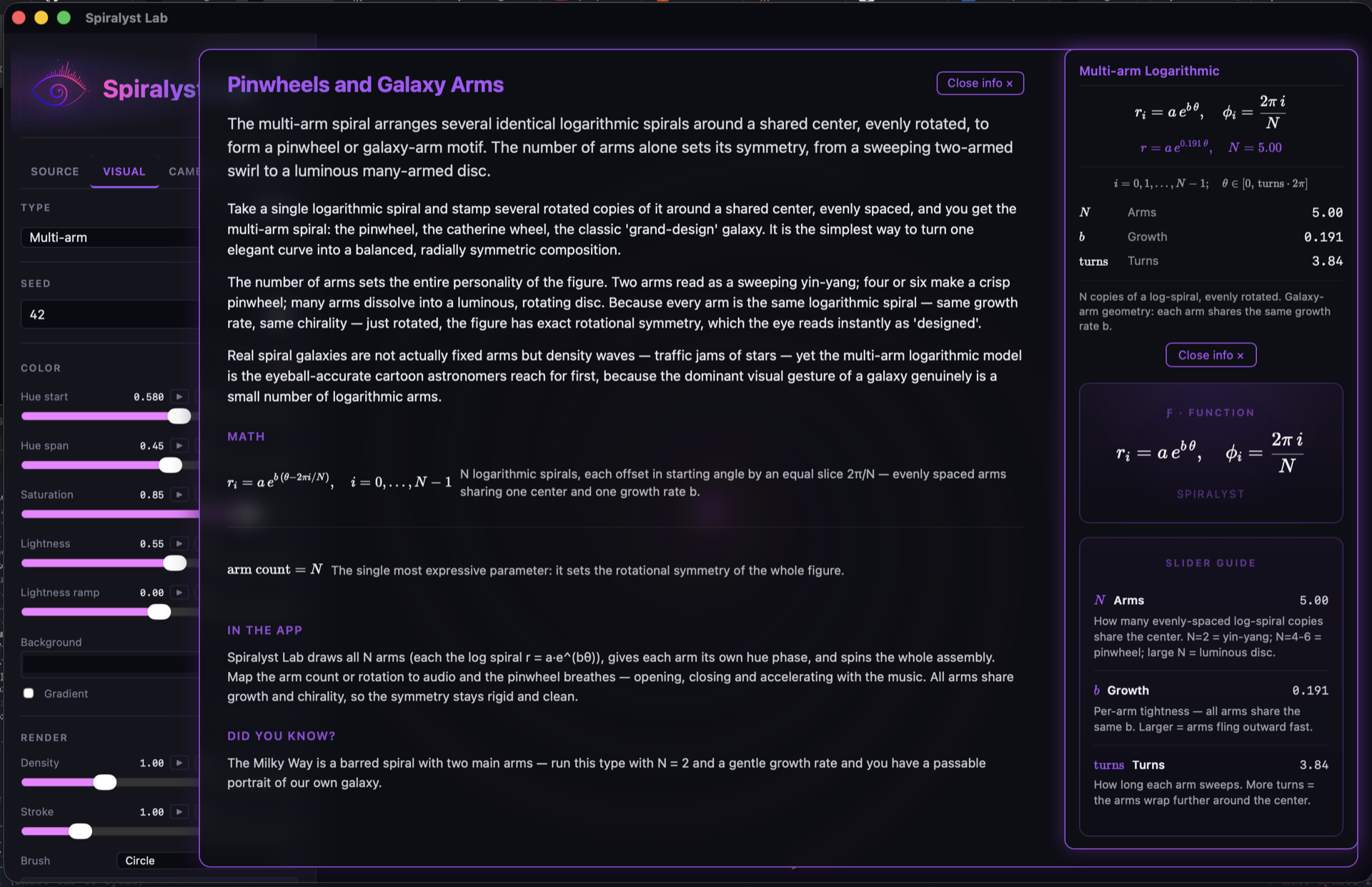 The Math Mode info card open over the same Multi-arm Logarithmic canvas. The article 'Pinwheels and Galaxy Arms' fills the center with a short summary, three long-form paragraphs, a Math section, an 'In the app' section, and a 'Did you know?' fact. The right gutter shows the hero formula card and a slider guide.
