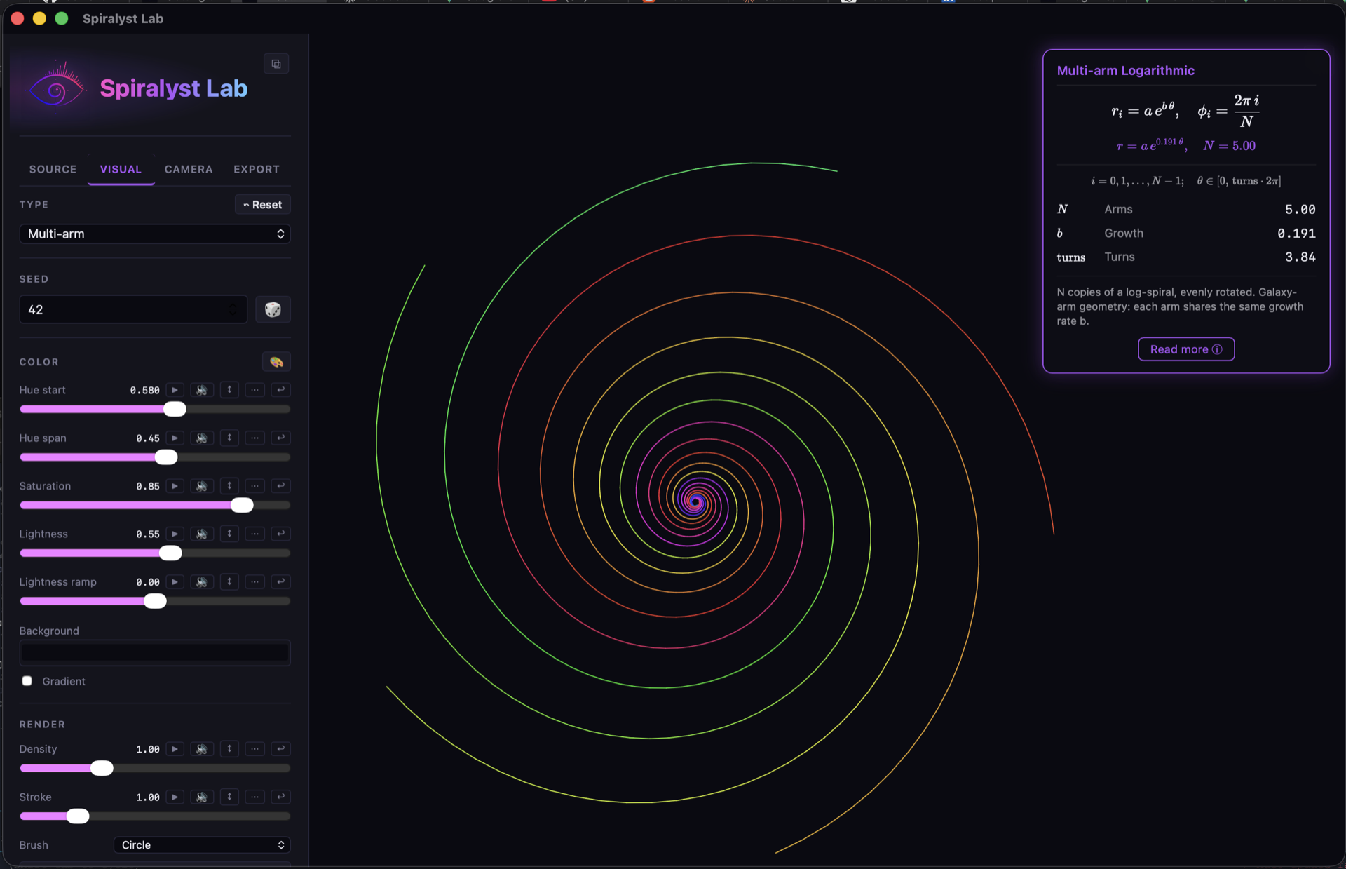 Spiralyst Lab with Math Mode enabled. A Multi-arm Logarithmic spiral renders on the canvas; a purple-bordered tile in the upper-right corner shows the equation r_i = a·e^(b·θ), φ_i = 2π·i/N, evaluated to r = a·e^(0.191·θ), N = 5.00, plus parameter rows for Arms, Growth, and Turns.