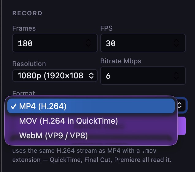 Spiralyst Lab's video format menu — MP4 (H.264), MOV (H.264 in QuickTime), and WebM (VP9/VP8)