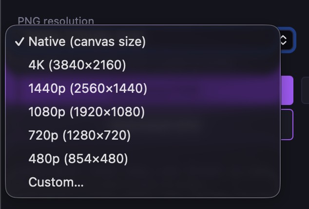 Spiralyst Lab's PNG resolution menu — Native, presets up to 4K, and Custom