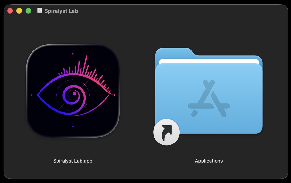 The mounted Spiralyst Lab disk image in Finder — the Spiralyst Lab.app icon and the Applications folder