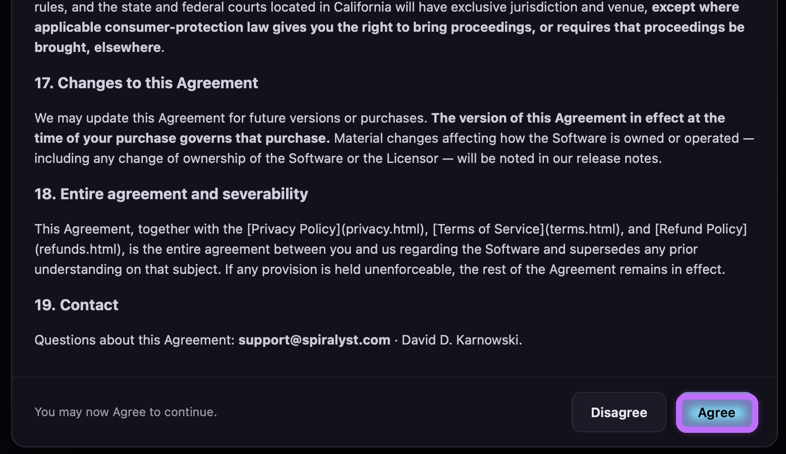 Spiralyst Lab's first-launch license agreement scrolled to the bottom with the Agree button highlighted