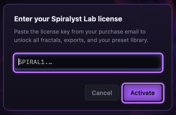 Spiralyst Lab's Enter license dialog with the key field and the Activate button highlighted