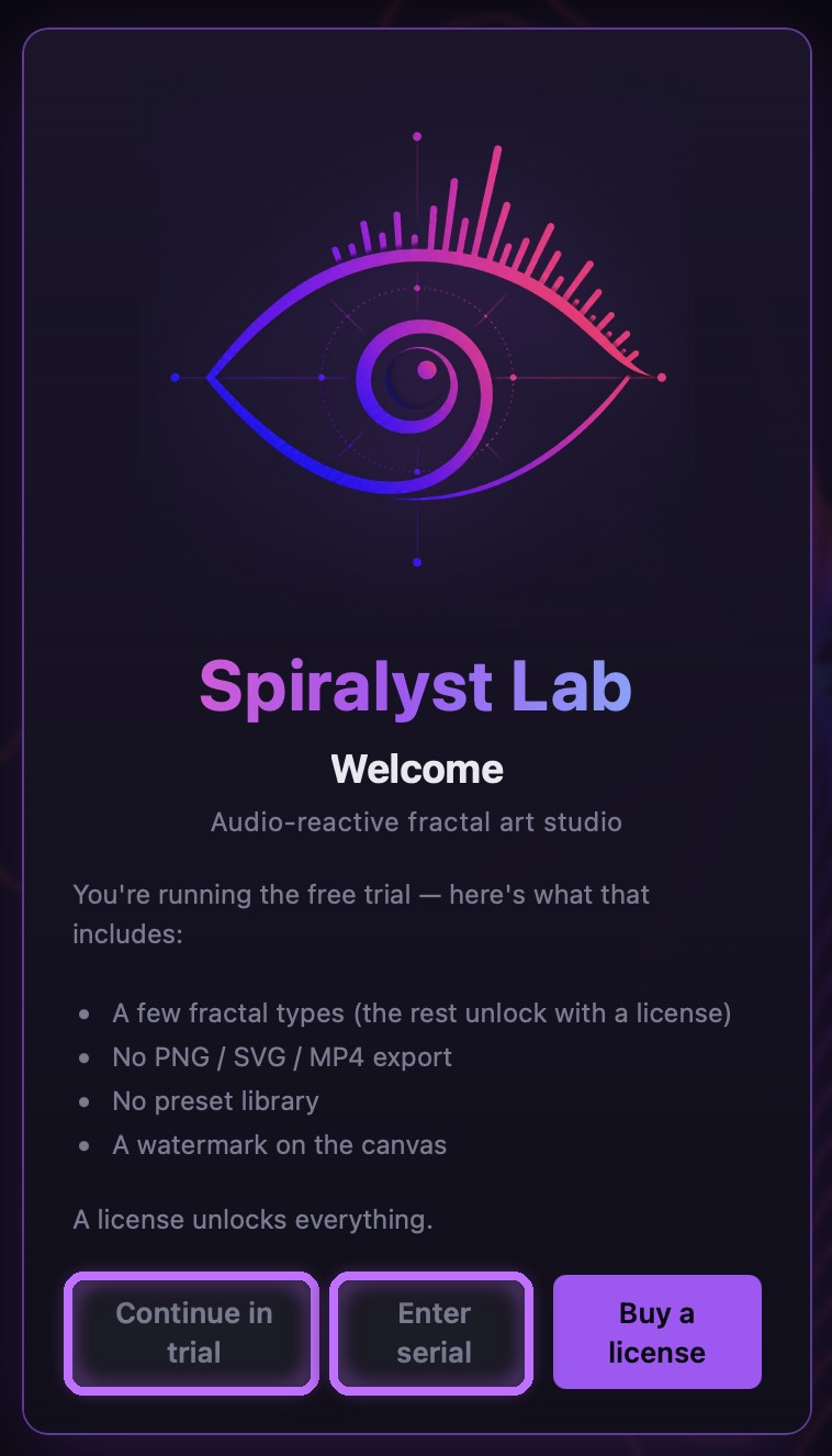 Spiralyst Lab welcome screen showing the trial limits, with the Continue in trial and Enter serial buttons highlighted