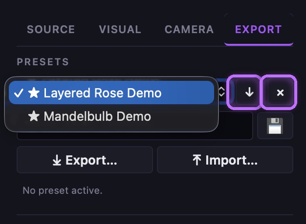 The preset list with the load (↓) and delete (×) buttons highlighted in Spiralyst Lab's Export tab