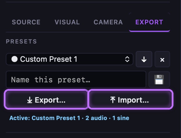 The Export… and Import… buttons highlighted in Spiralyst Lab's Export tab