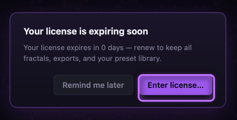 Spiralyst Lab's 'license is expiring soon' reminder with the Enter license… button highlighted
